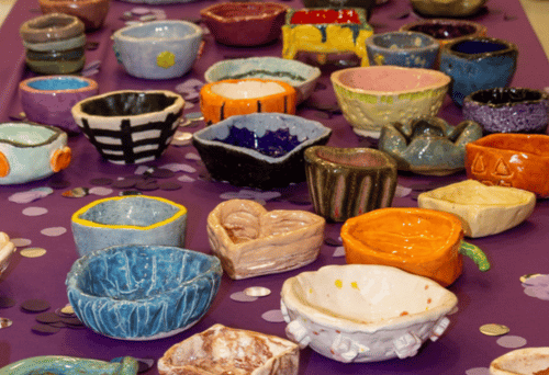 Pottery and bowls at Empty Bowls Dinner and fundraiser
